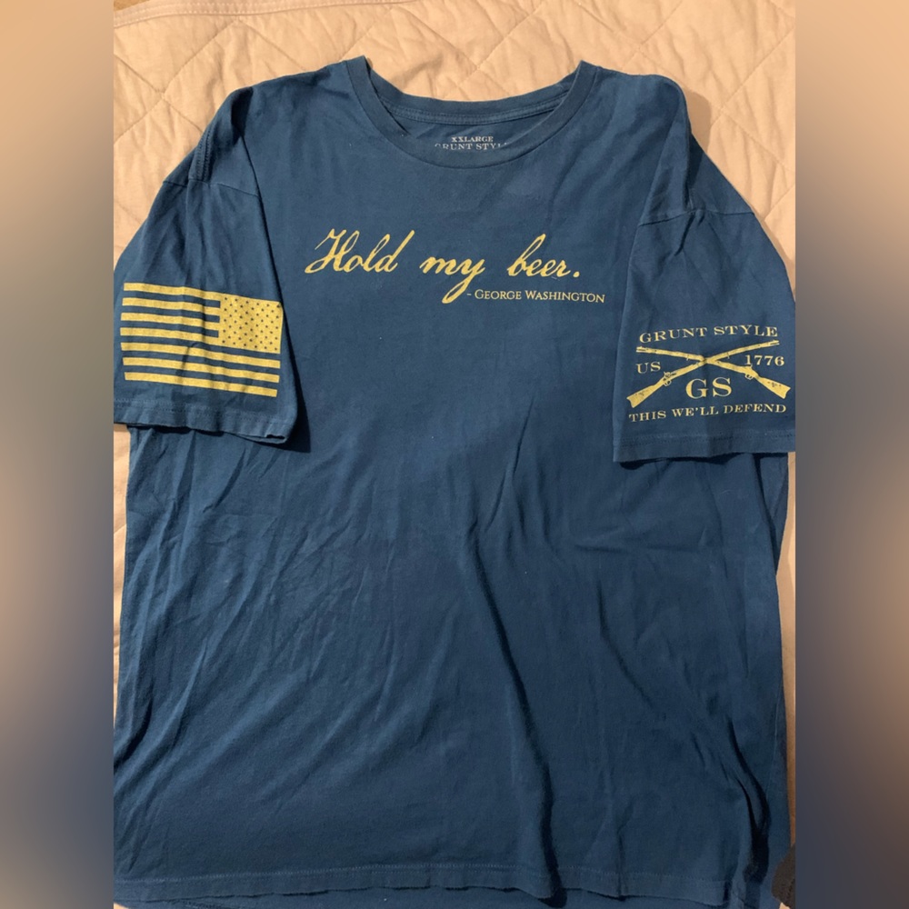 SOLD.  Grunt Style tshirt "Hold my beer" size 2XL Blue and Yellow